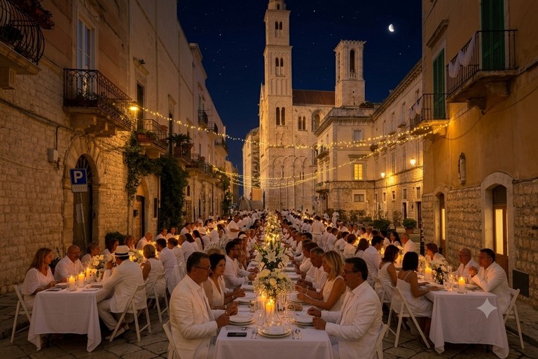 Giovinazzo en blanc, piazza Duomo si prepara alla cena sotto le stelle